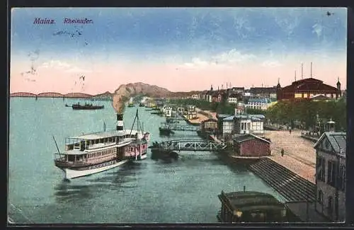 AK Mainz, Landungsbrücken am Rheinufer