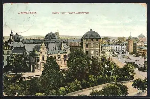 AK Darmstadt, Blick vom Museumsturm mit Strassenbahn