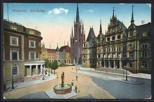 AK Wiesbaden, Schlossplatz mit Brunnen