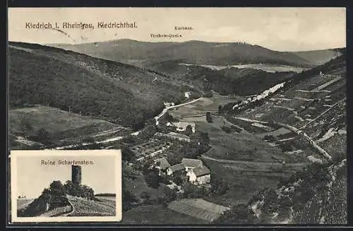 AK Kiedrich i. Rheingau, Kurhaus und Virchow-Quelle im Kiedrichthal, Ruine Scharfenstein