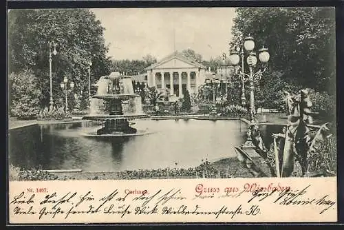 AK Wiesbaden, Kurhaus mit Brunnen