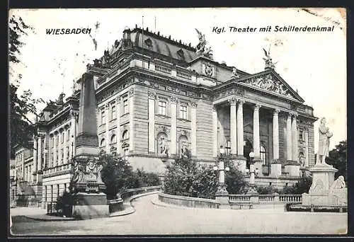 AK Wiesbaden, Königliches Theater mit Schillerdenkmal