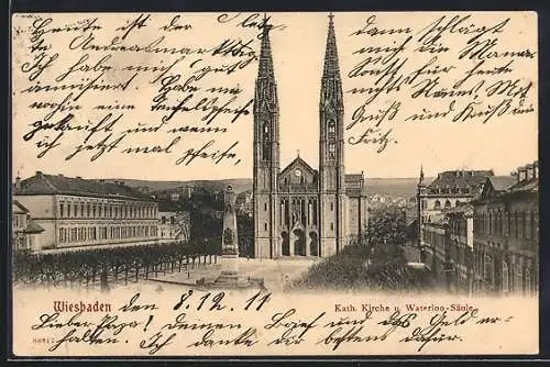 AK Wiesbaden, Katholische Kirche und Waterloo-Säule