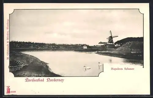 AK Norderney, Nordseebad, Napoleon-Schanze mit Windmühle