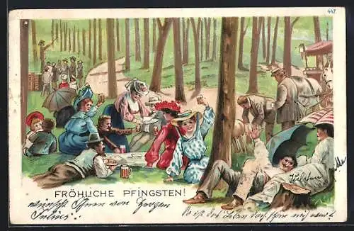 AK Pfingstgruss, Gesellschaft beim Picknick im Wald