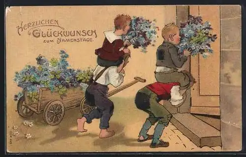 Präge-AK Namenstag, Jungen bringen Blumensträusse an eine Haustür