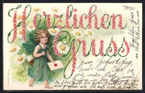 Präge-AK Kleine Elfe mit Brief, Schriftzug Herzlichen Gruss aus Blumen