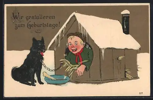 Präge-AK Geburtstagsgruss, Hund und Junge in Hundehütte