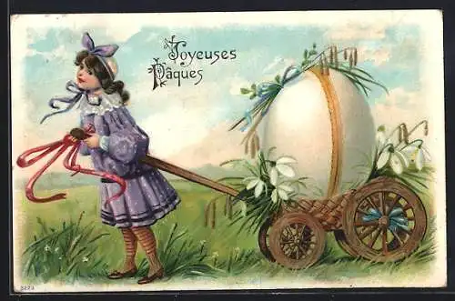 Präge-AK Mädchen zieht Ostereikarren, Fröhliche Ostern