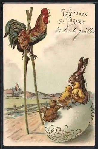 AK Hahn auf Stelzen, Osterhase und Osterküken