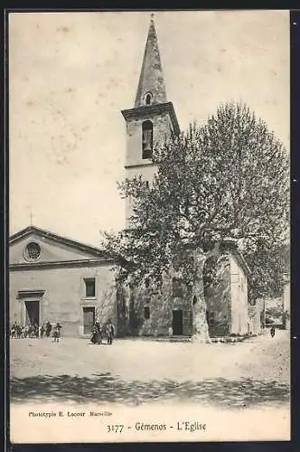 AK Gémenos, L`Église et son grand arbre devant