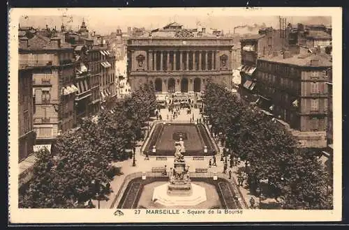 AK Marseille, Square de la Bourse avec fontaine et bâtiments environnants