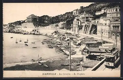 AK Marseille, La Corniche, Le Prophète avec tramway et bateaux