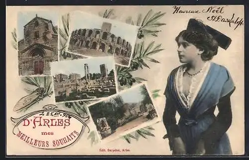 AK Arles, Collage de monuments et portrait d`une femme élégante