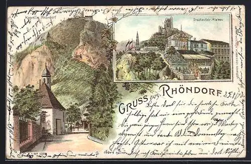 Lithographie Rhöndorf, Kapelle Rhöndorf, Drachenfels-Plateau