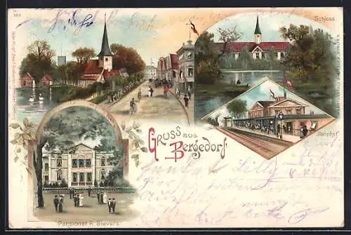 Lithographie Hamburg-Bergedorf, Strassenpartie mit Kirche, Pensionat Sievers, Bahnhof