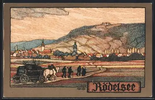 Steindruck-AK Wilhelm Greiner: Rödelsee, Panorama mit Pferdegespann