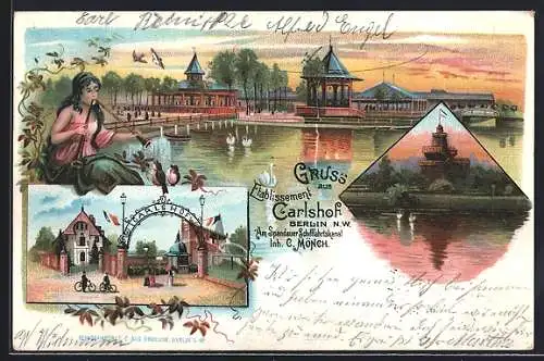 Lithographie Berlin-Charlottenburg, Gasthaus Carlshof am Spandauer Schifffahrtskanal