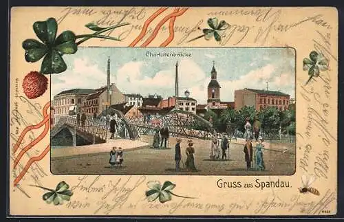 Lithographie Berlin-Spandau, Flaneure an der Charlottenbrücke, Glücksklee und Biene