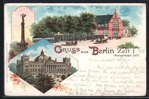 Lithographie Berlin, Gasthaus Zelt 1, Kronprinzen Zelt, Reichstagsgebäude