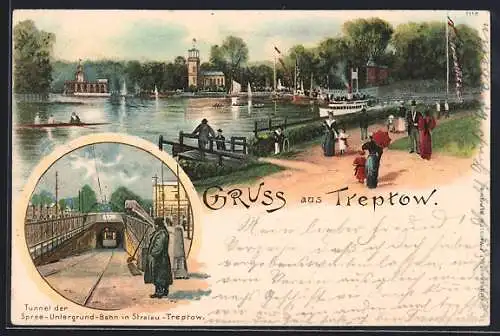 Lithographie Berlin-Treptow, Tunnel der Spree-Untergrund-Bahn, Spreepartie