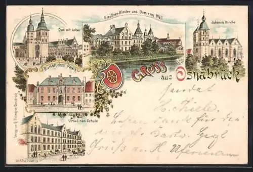 Lithographie Osnabrück, Ursulinen-Schule, Bischöfliches Palais, Dom mit Anbau