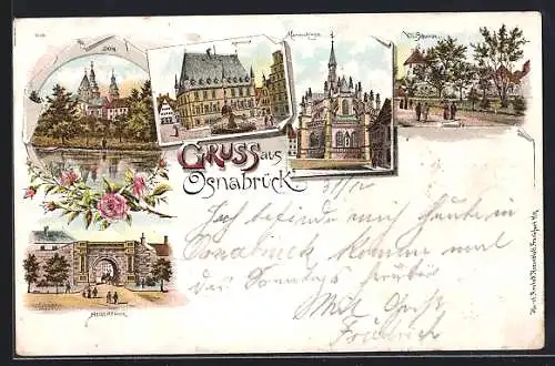 Lithographie Osnabrück, Marienkirche, Rathaus, Viti-Schanze, Hegerthor