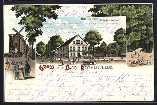 Lithographie Bad Rothenfelde, Hotel zur Post, Kurgäste am Gradierwerk