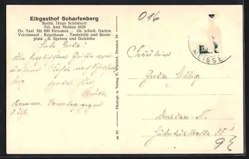 AK Scharfenberg b. Meissen, Elb-Gasthof Scharfenberg von Hugo Schönherr, Dampfer Mühlberg