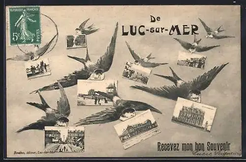 AK Luc-sur-Mer, Collage de vues avec hirondelles et bâtiments emblématiques