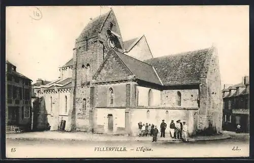 AK Villerville, L`église et la place animée