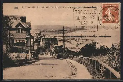 AK Trouville, Panorama près de la plage avec vue sur la mer et maisons élégantes