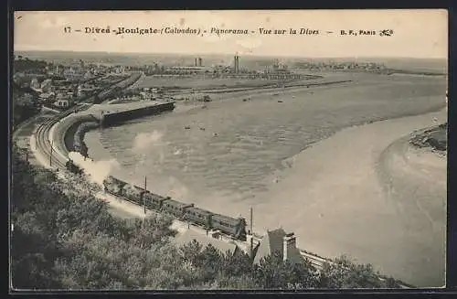 AK Dives-Houlgate, Panorama, Vue sur la Dives et le train à vapeur