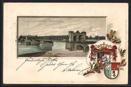 Passepartout-Lithographie Ludwigshafen / Rhein, Blick auf die Rheinbrücke, Wappen