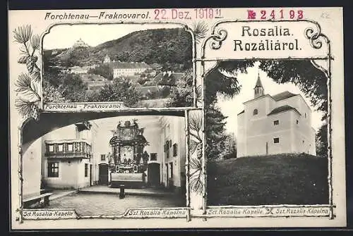 AK Forchtenau, Sct. Rosalia-Kapelle von aussen und innen, Ortsansicht