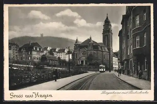 AK Hagen / Westfalen, Langestrasse mit Pauluskirche und Strassenbahn