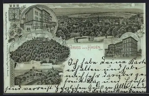 Mondschein-Lithographie Hagen / Westfalen, Ortsansicht, Gymnasium, Königl. Amtsgericht, Hohenlimburg, Blankenstein