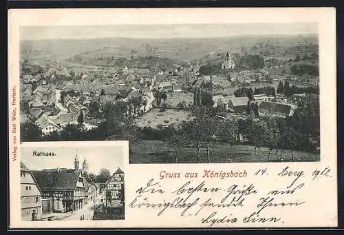 AK Königsbach / Baden, Ortsansicht aus der Vogelschau, Rathaus