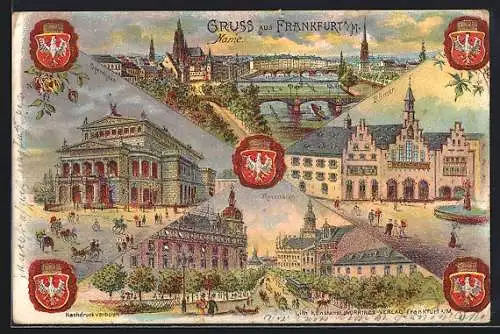 Lithographie Frankfurt a. M., Teilansicht, Römer, Rossmarkt, Opernhaus und Wappen