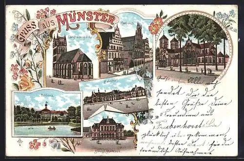 Lithographie Münster / Westfalen, Liebfrauenkirche, Rathaus, Bahnhof, Schloss