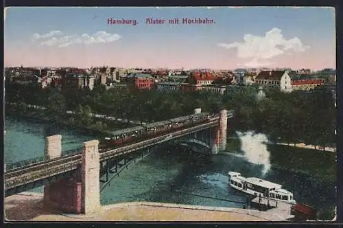 AK Hamburg, Alsterbrücke mit Hochbahn bei der Kuhmühle