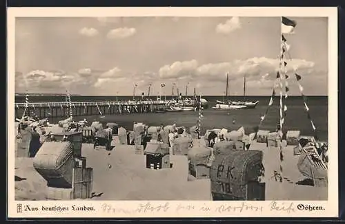 AK Göhren / Rügen, Strand und Seebrücke