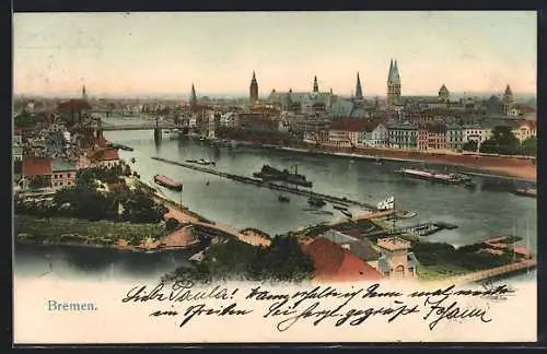 AK Bremen, Panorama mit Stadt und Weser