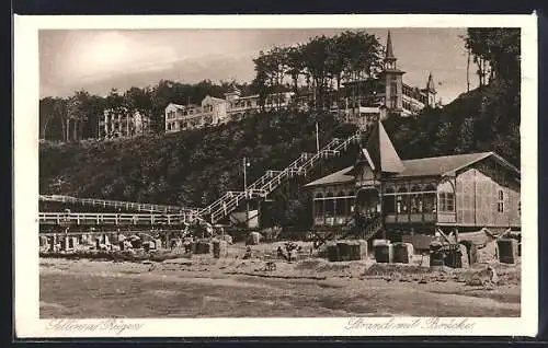 AK Sellin a. Rügen, Strand mit Brücke