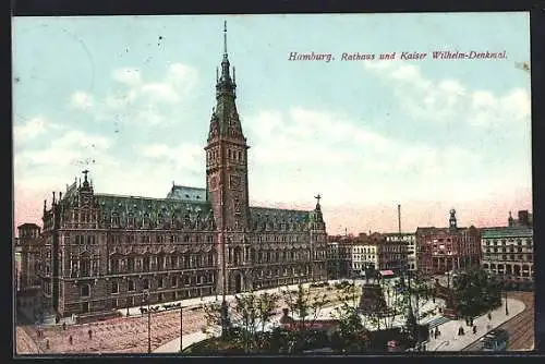 AK Hamburg, Rathaus und Kaiserdenkmal aus der Vogelschau