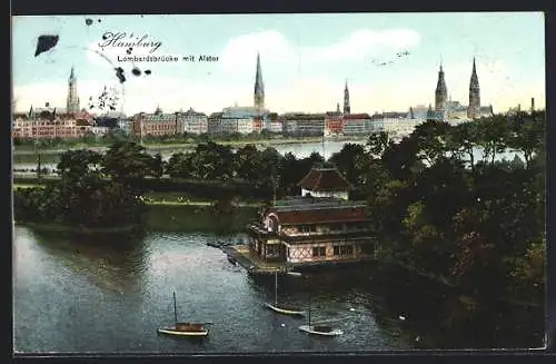 AK Hamburg-Rotherbaum, Lombardsbrücke mit Alster, Bootshaus des RC Hammonia