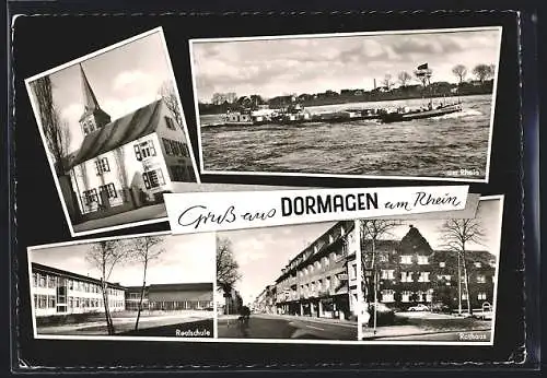 AK Dormagen am Rhein, Löwen Apotheke, Frachtkahn Zugersee, Rathaus, Realschule