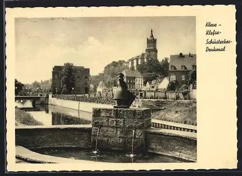 AK Kleve / Niederrhein, Klefse Schüsterkes-Denkmal, Kirche im Hintergrund