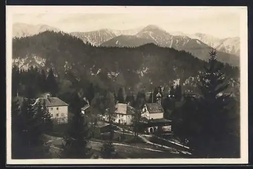 AK Birkenstein, Teilansicht mit Kapelle, im Hintergrund die Berge