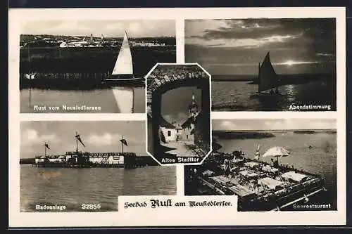 AK Rust am Neusiedlersee, Ort vom Wasser aus gesehen, Badeanlage, Seerestaurant, Segelboot auf dem See am Abend